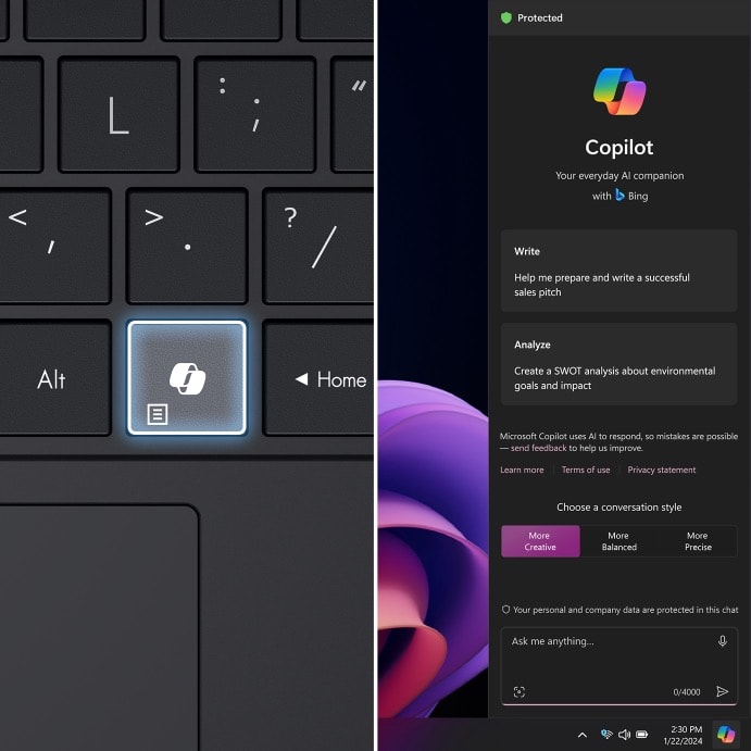 An side-by-side image showing the Copilot key on the left and Copilot wallpaper on the right. 